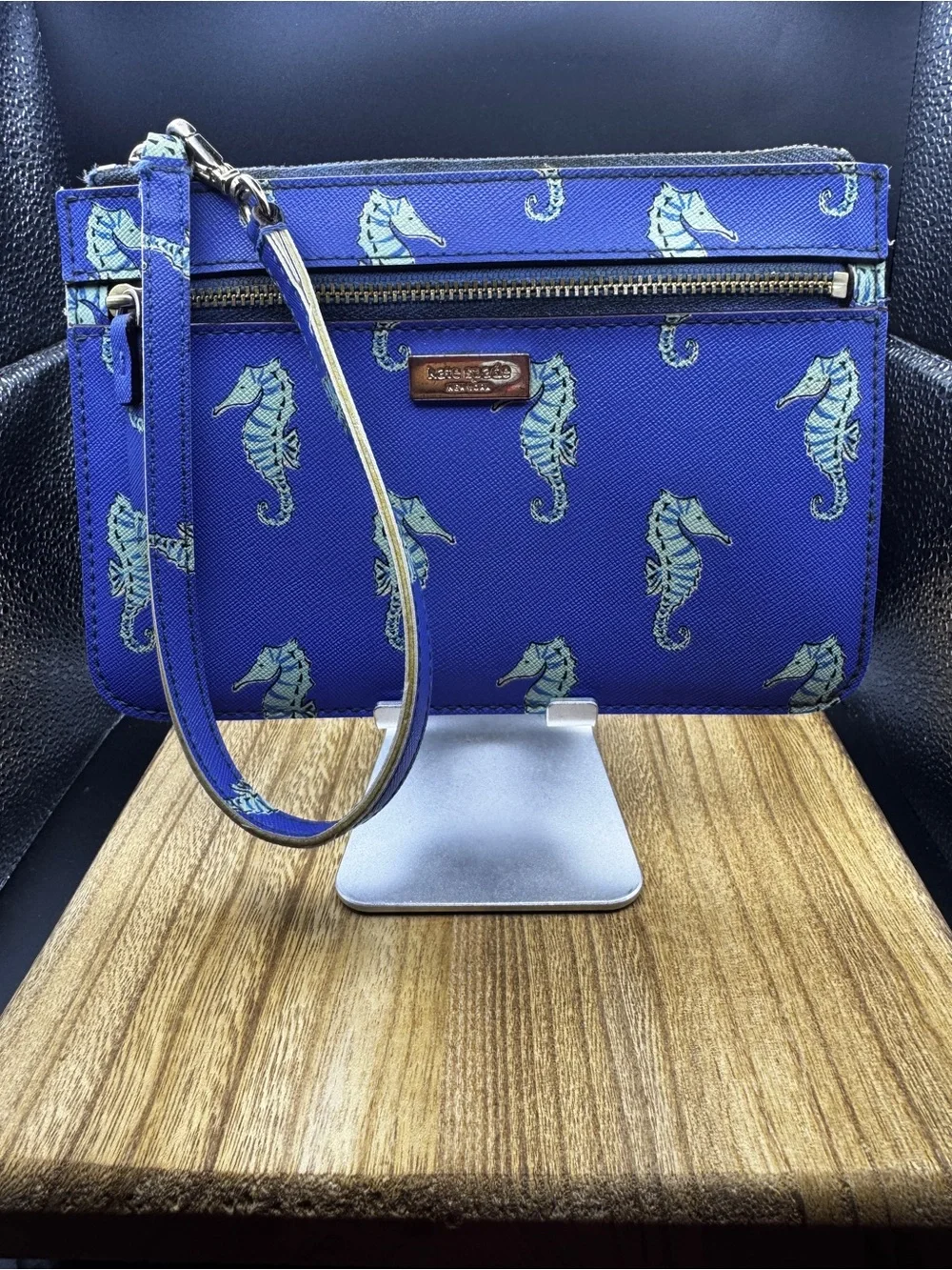 Kate Spade Blue Seahorse Print Wristlet with Zip Pocket